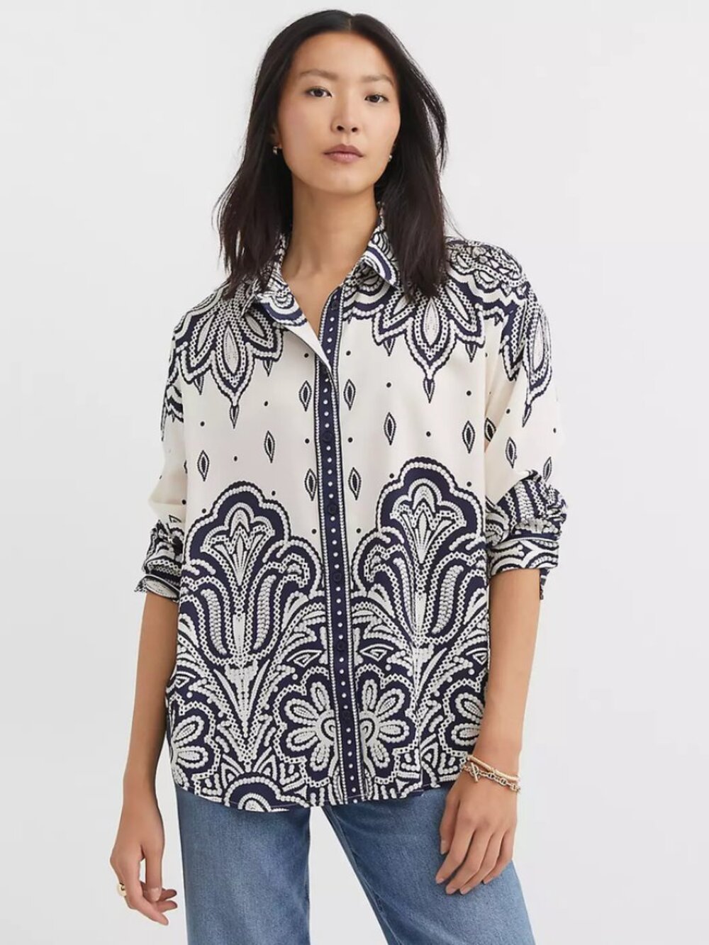 NWT! LOFT Paisley Off-White Navy Button Down Shirt Paisley Petite Size 10P